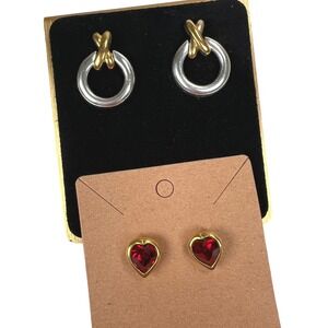2 Pairs Napier Earrings Criss Cross Door Knocker Red Crystal Heart Vintage EUC